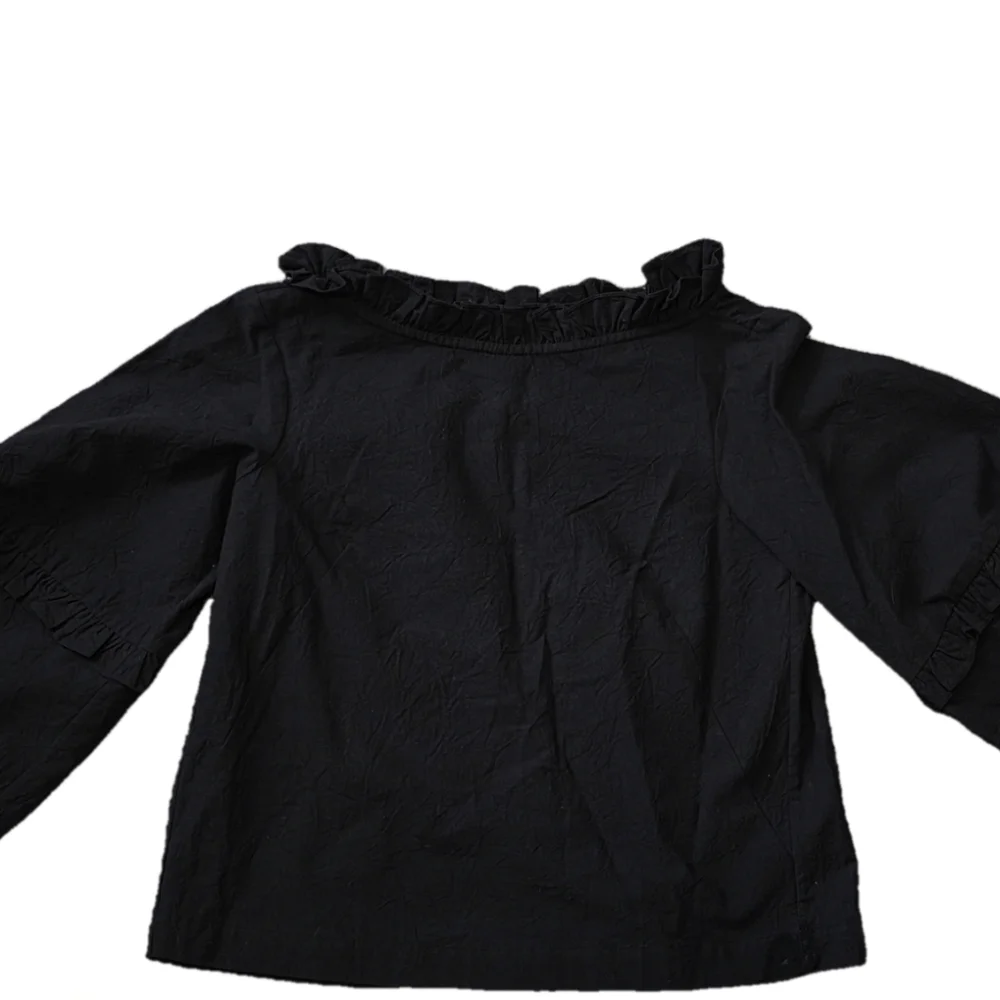 Handmade 1980s Black Ruffle Blouse – 100% Cotton (XS)